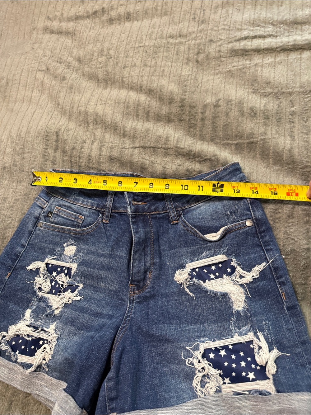 Judy Blue Star-Patch Distressed Rolled Hem Denim Shorts - Blue - Picture 2 of 7